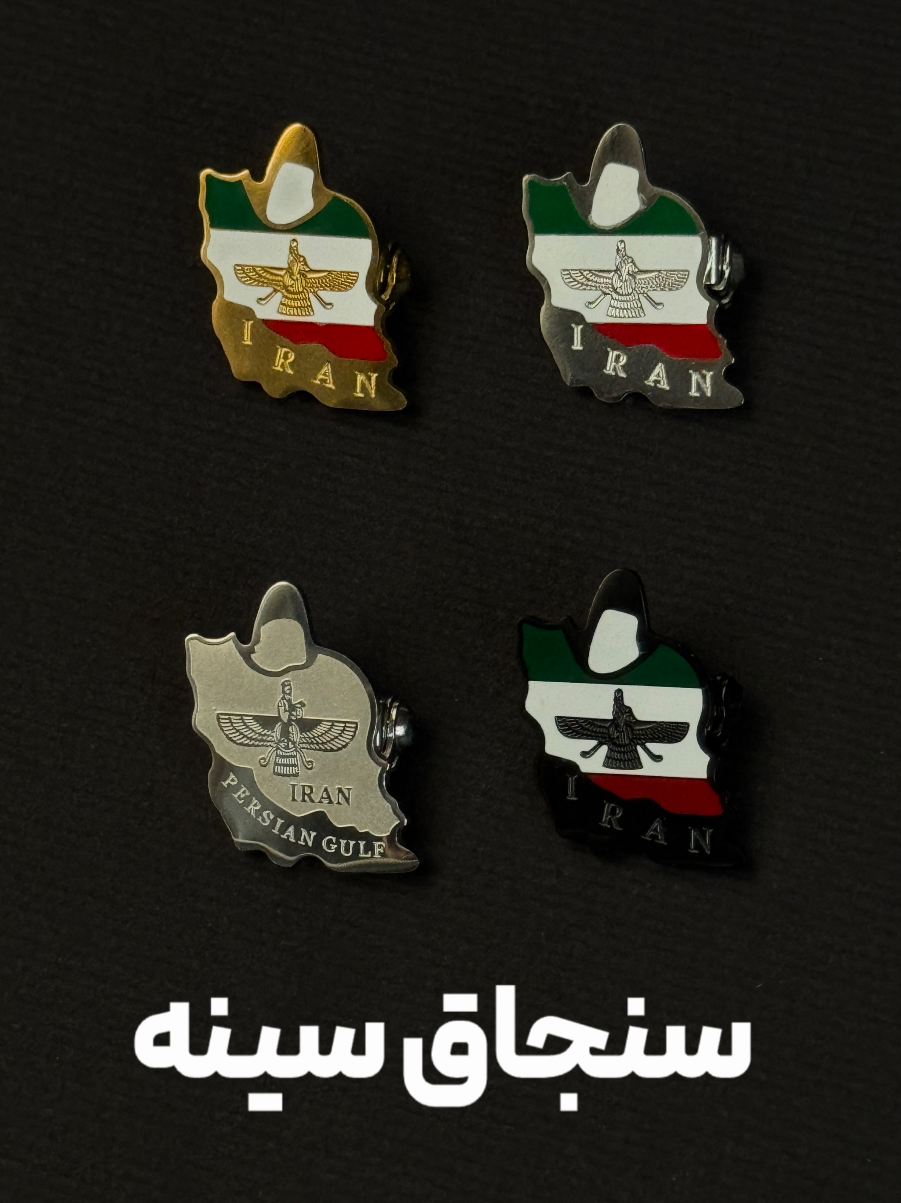 سنجاق سینه (گل‌سینه) طرح نقشه ایران و نماد فروهر | اکسسوری نمادین با کیفیت استیل ۳۱۶